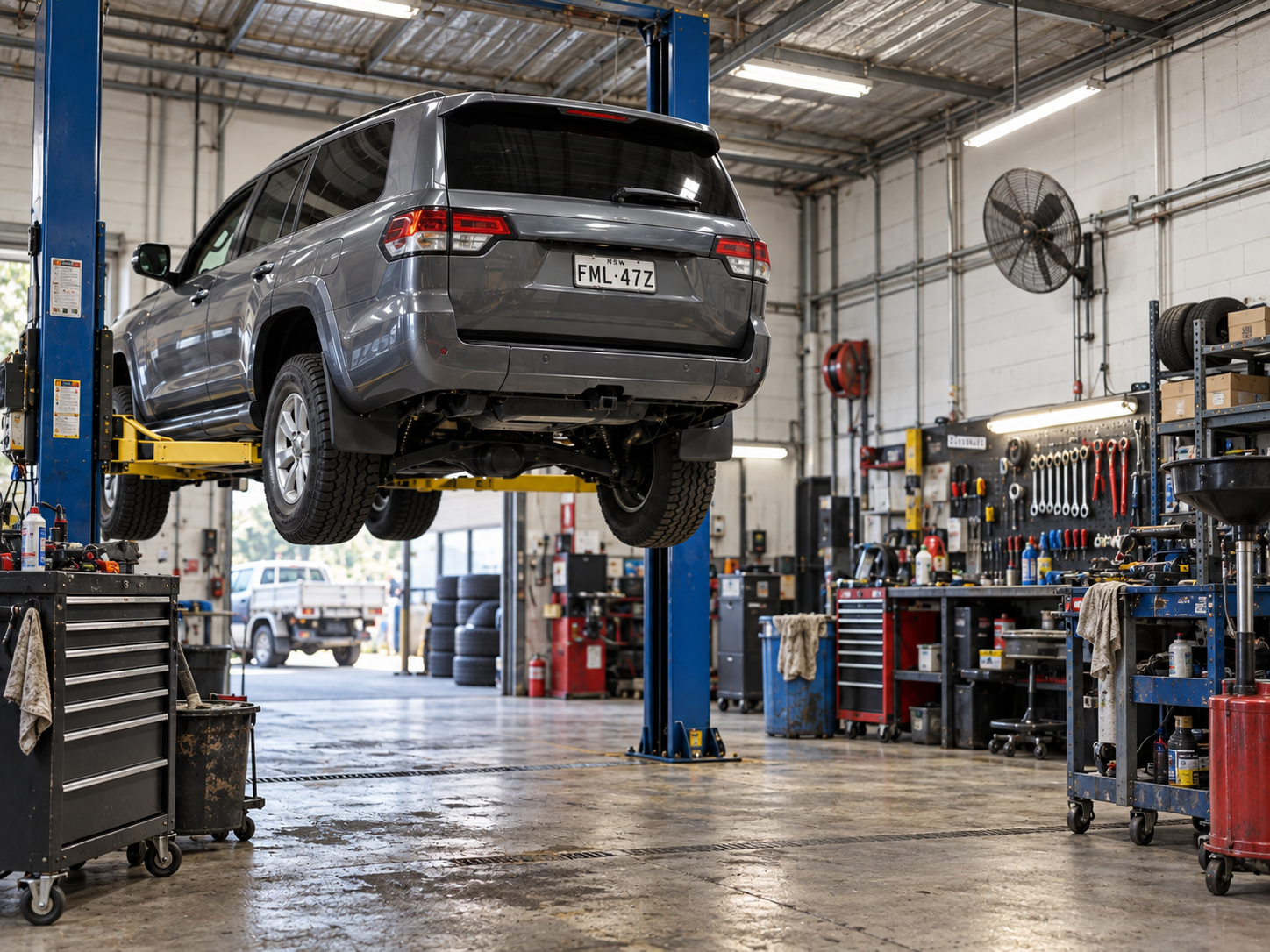 SUV raised on a hoist inside a working automotive workshop with tools and service equipment