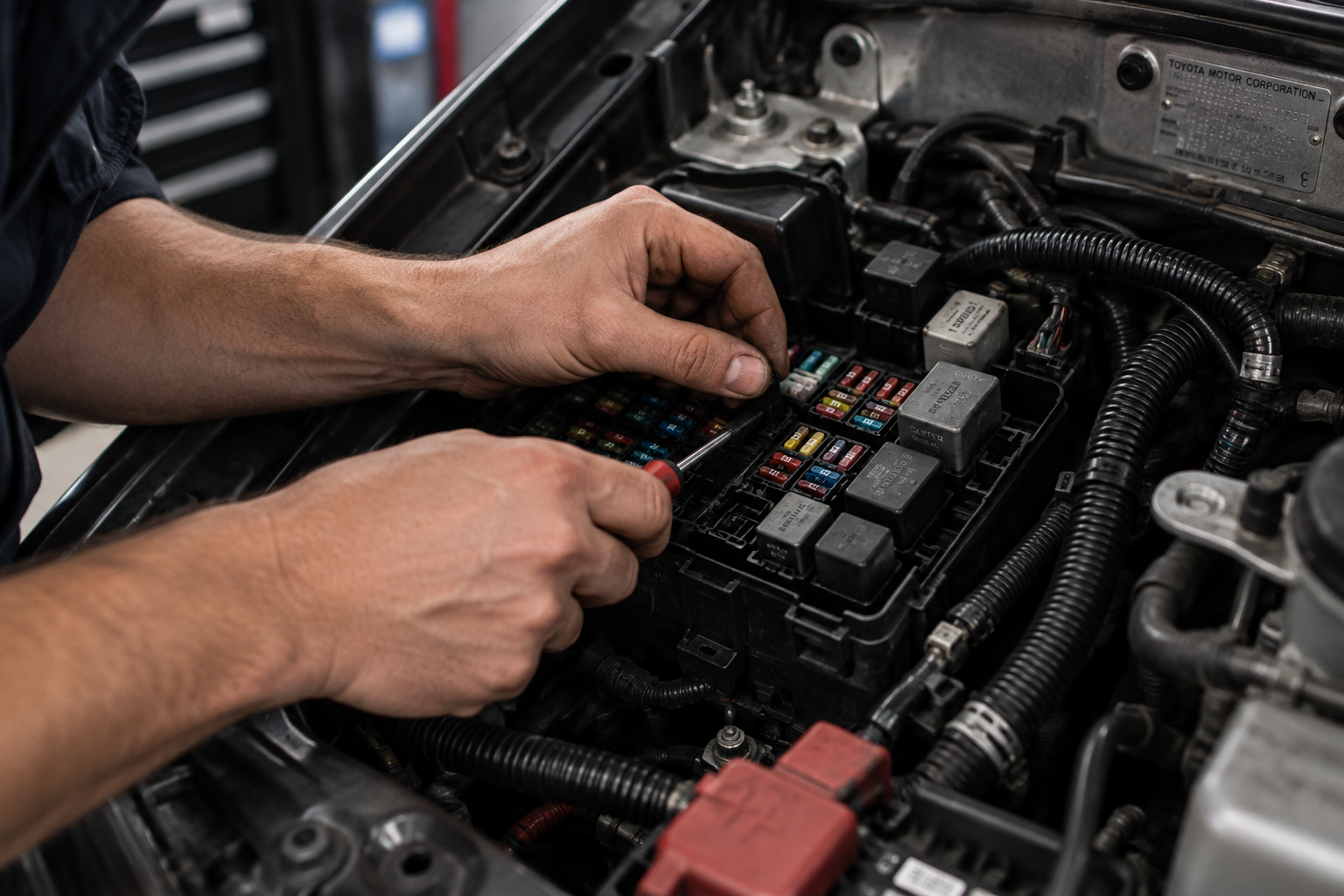 Anonymous hands working on an automotive fuse and relay box in an engine bay